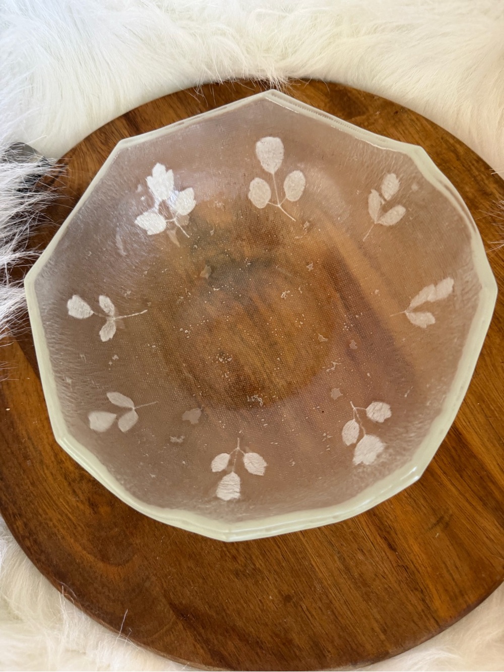 Vintage Etched Glass Serving Bowl with Leaf Motif - Frosted Clear